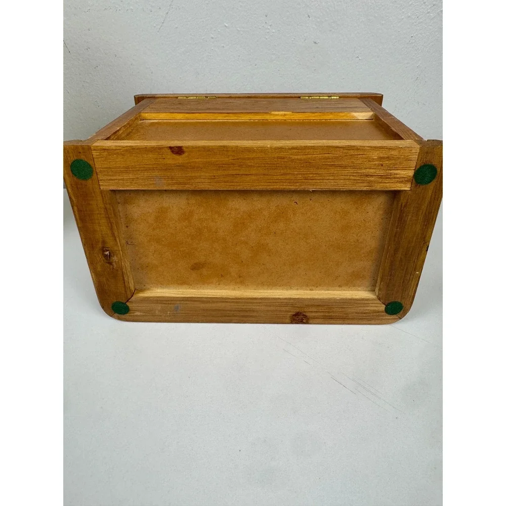 Vtg Wooden Jewelry Box Heart Carved Oak Finish Mirror Ring Storage Organizer